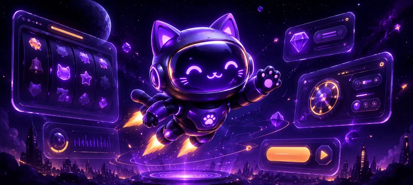 Robocat-kasinon brändi-illustraatio: violetti robottikissa, oranssi raketti ja Suomen lippu