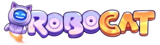 Robocat Casino logo – violetti robottikissa ja oranssi raketti